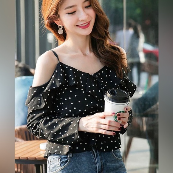 Polka Dot Cold Shoulder Black Chiffon Blouse - Picture 6 of 9